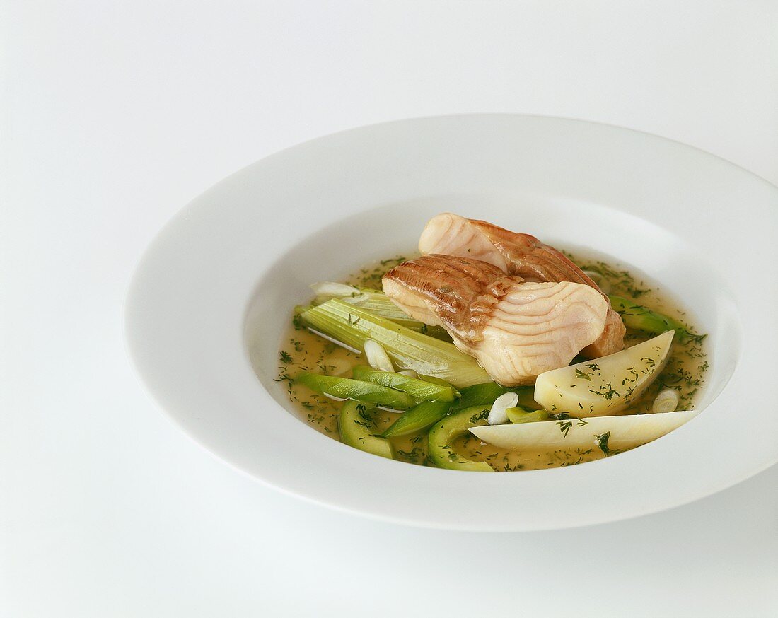 Clear soup with vegetables and steamed sturgeon