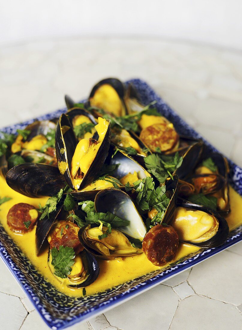 Mussels with chorizo and saffron
