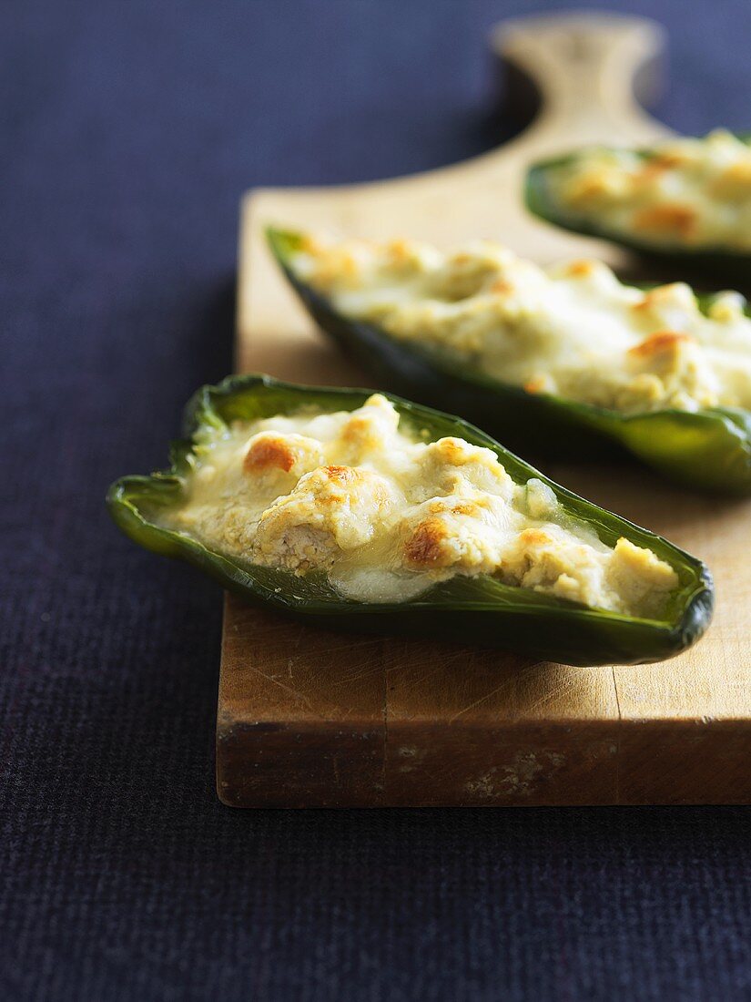 Baked green chillies with tofu and cheese stuffing