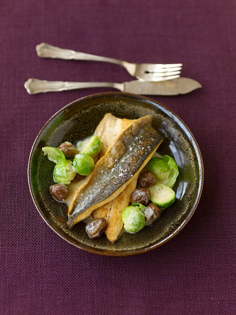 Charr fillets on Brussels sprouts and chestnuts