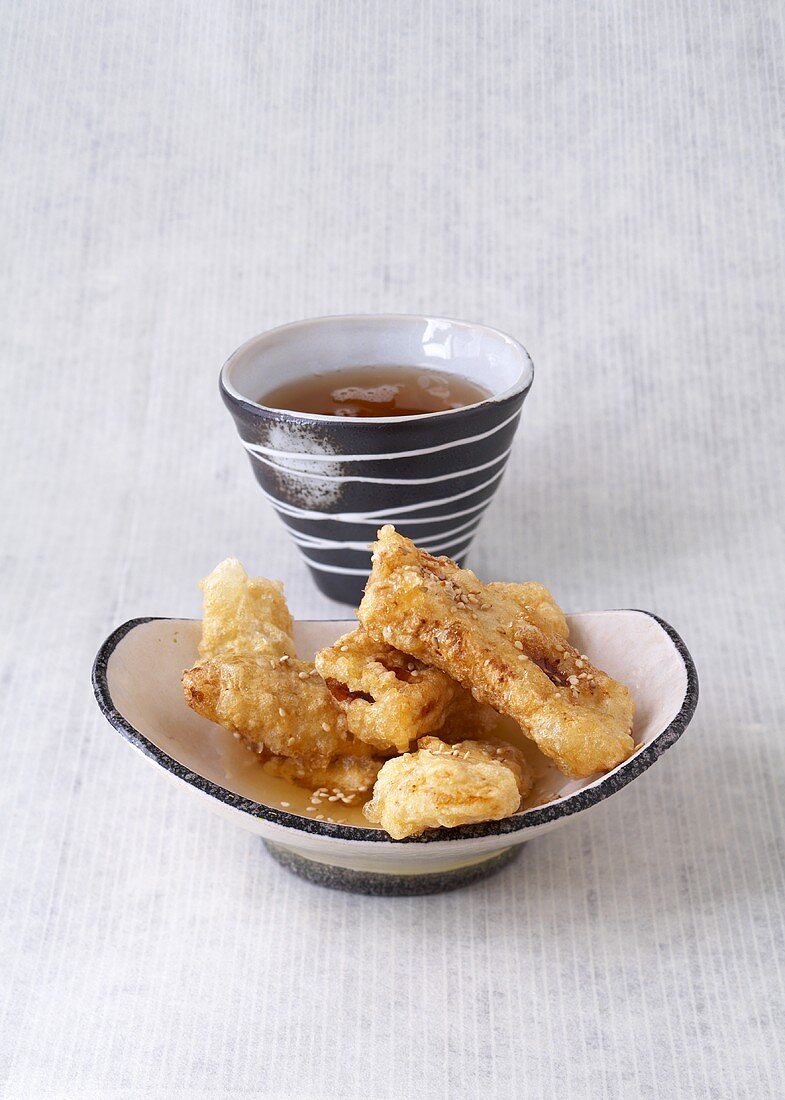 Banana fritters with honey sauce and Taiwanese spiced tea