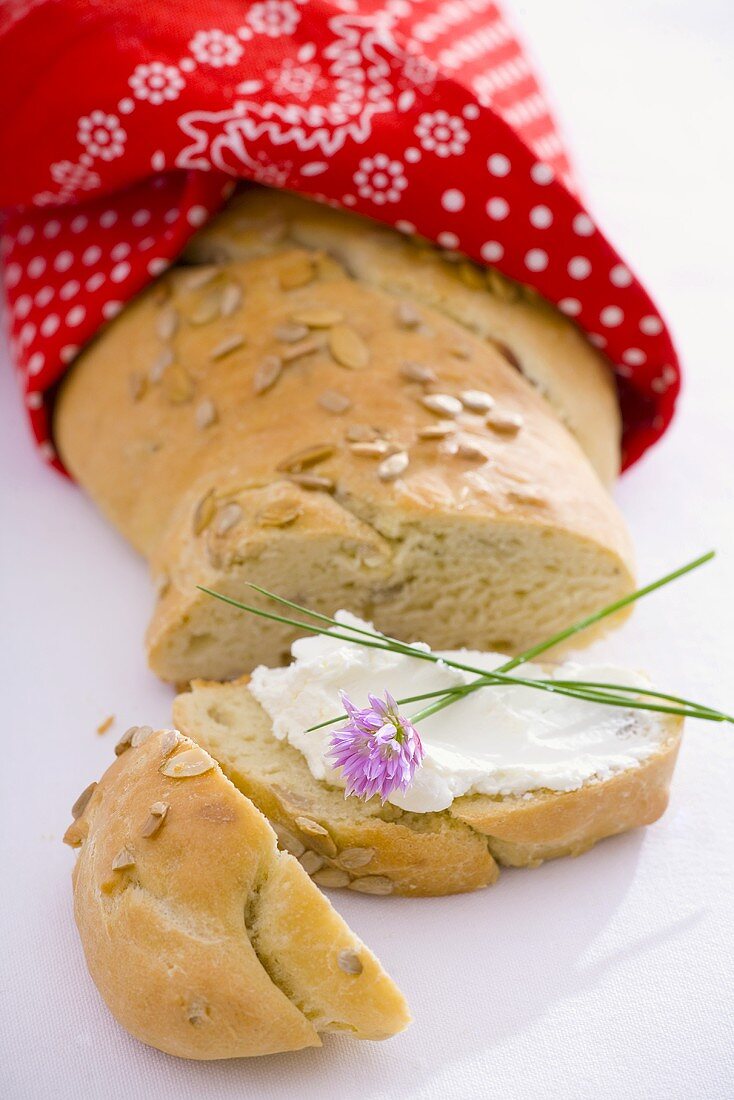 Home-made sunflower bread, one slice with quark