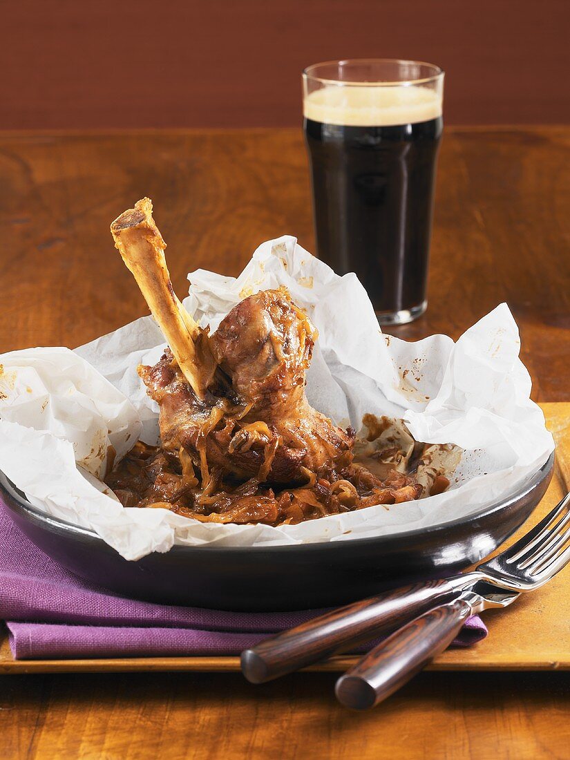 Lamb shank en papillote and a glass of Guinness