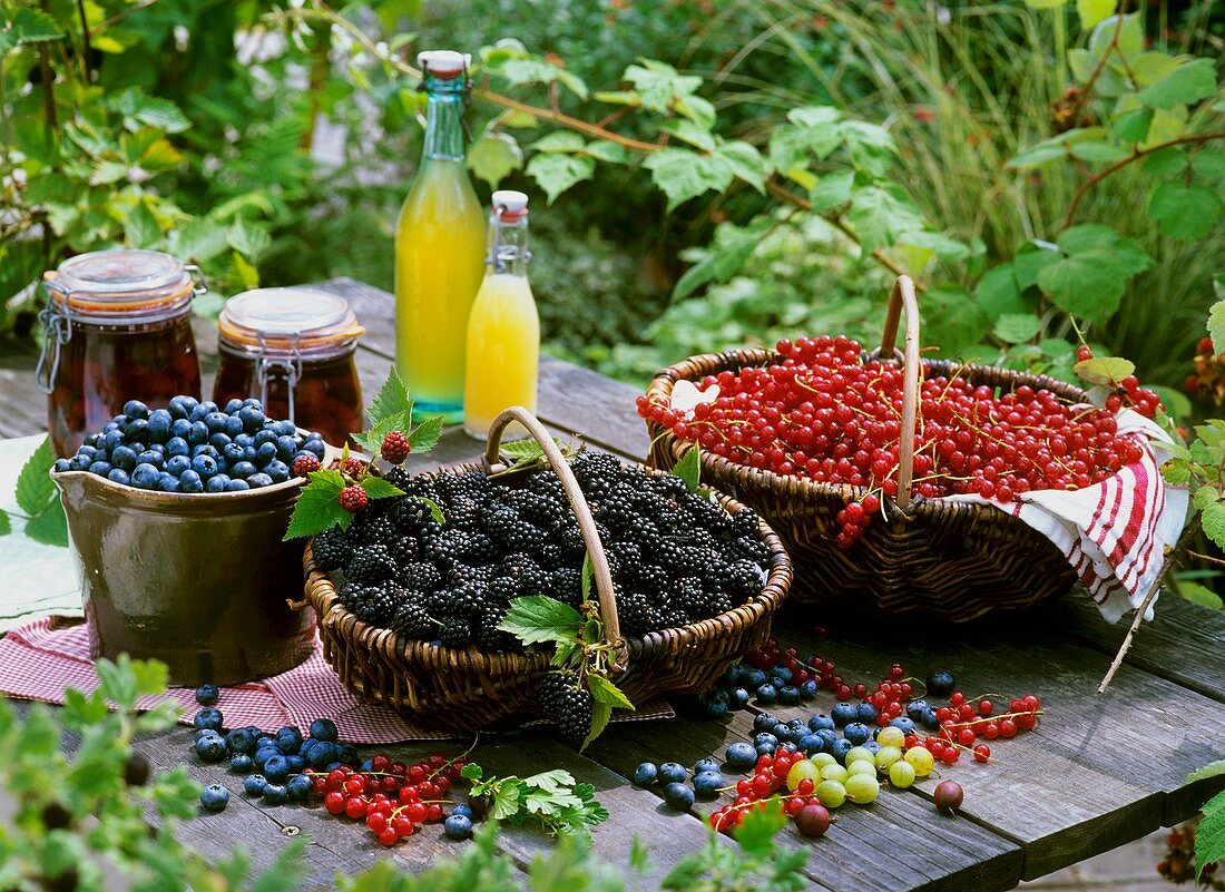 Blueberries, blackberries and redcurrants in baskets