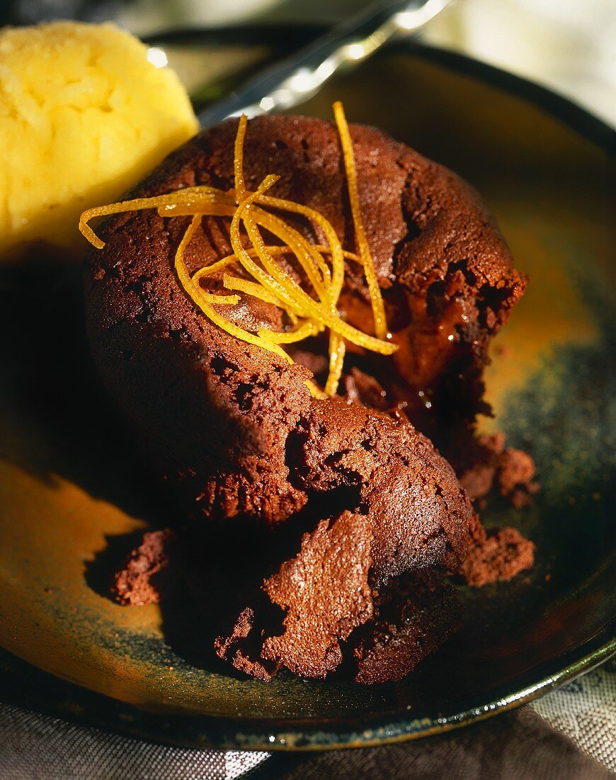 Chocolate pudding with orange sorbet