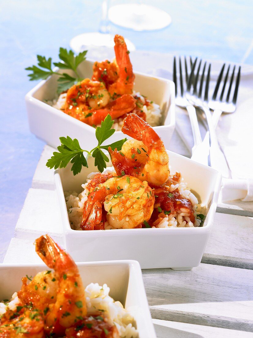 Scampi with tomato and cognac sauce on rice