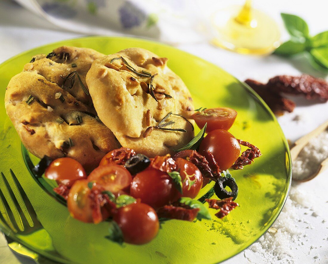 Rosemary focaccia with tomato salad