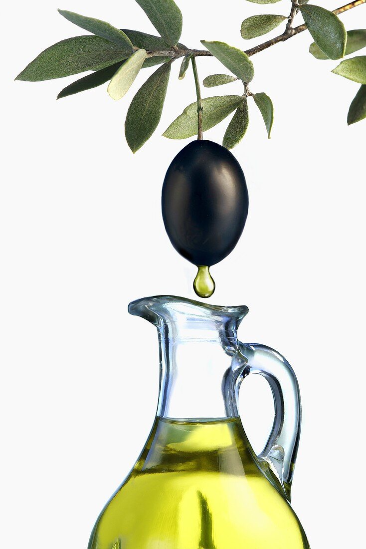 Olivenöl tropft von Olive in eine Karaffe