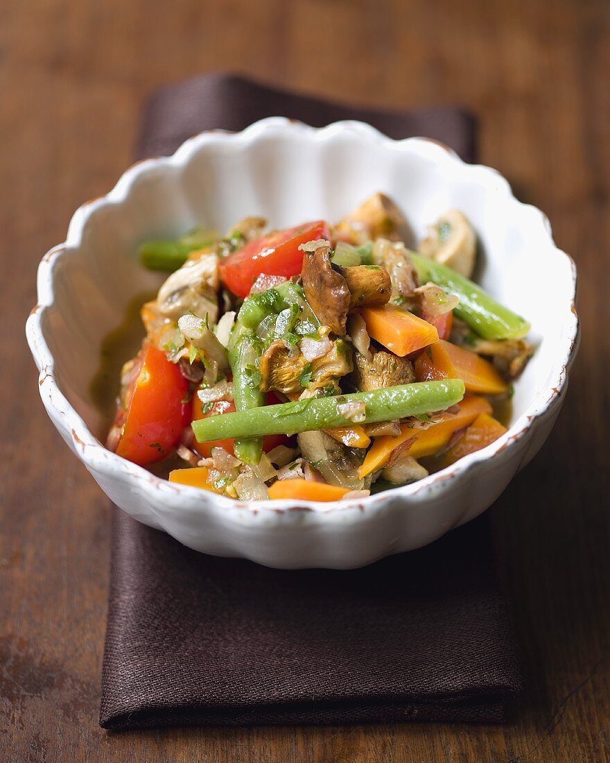 Mushrooms, beans, cherry tomatoes and carrots