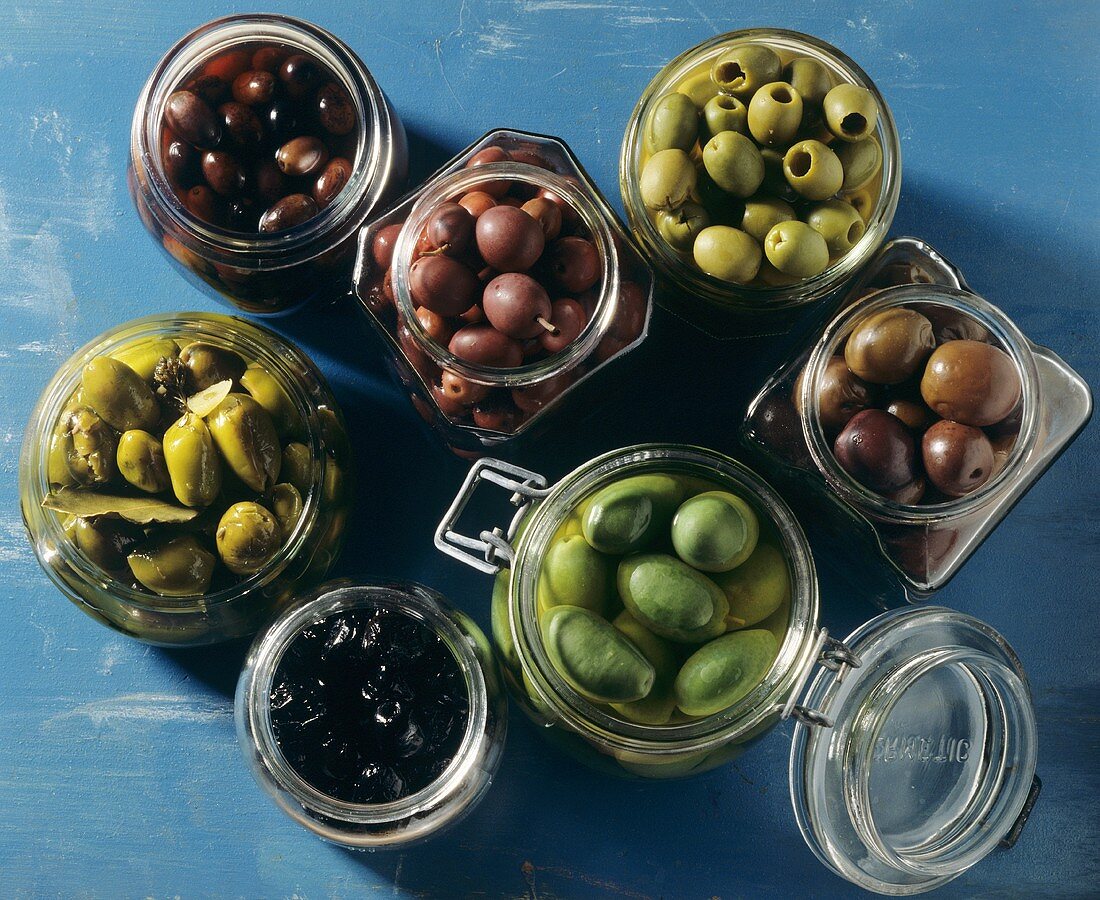 Pickled olives in jars