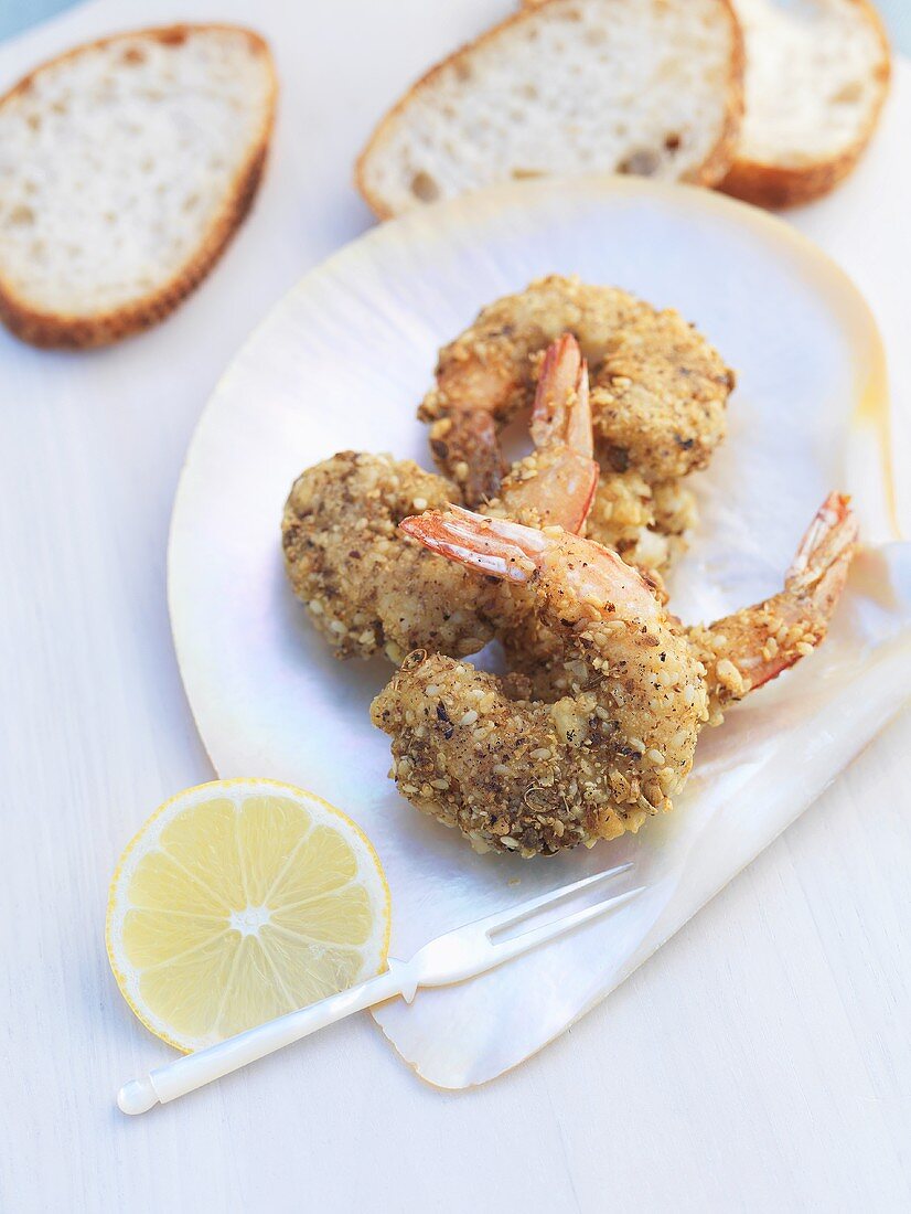 Dukkah prawns (Prawns with spicy nut coating)