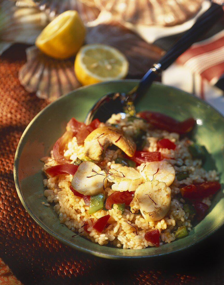 Scallops with peppers and saffron on rice