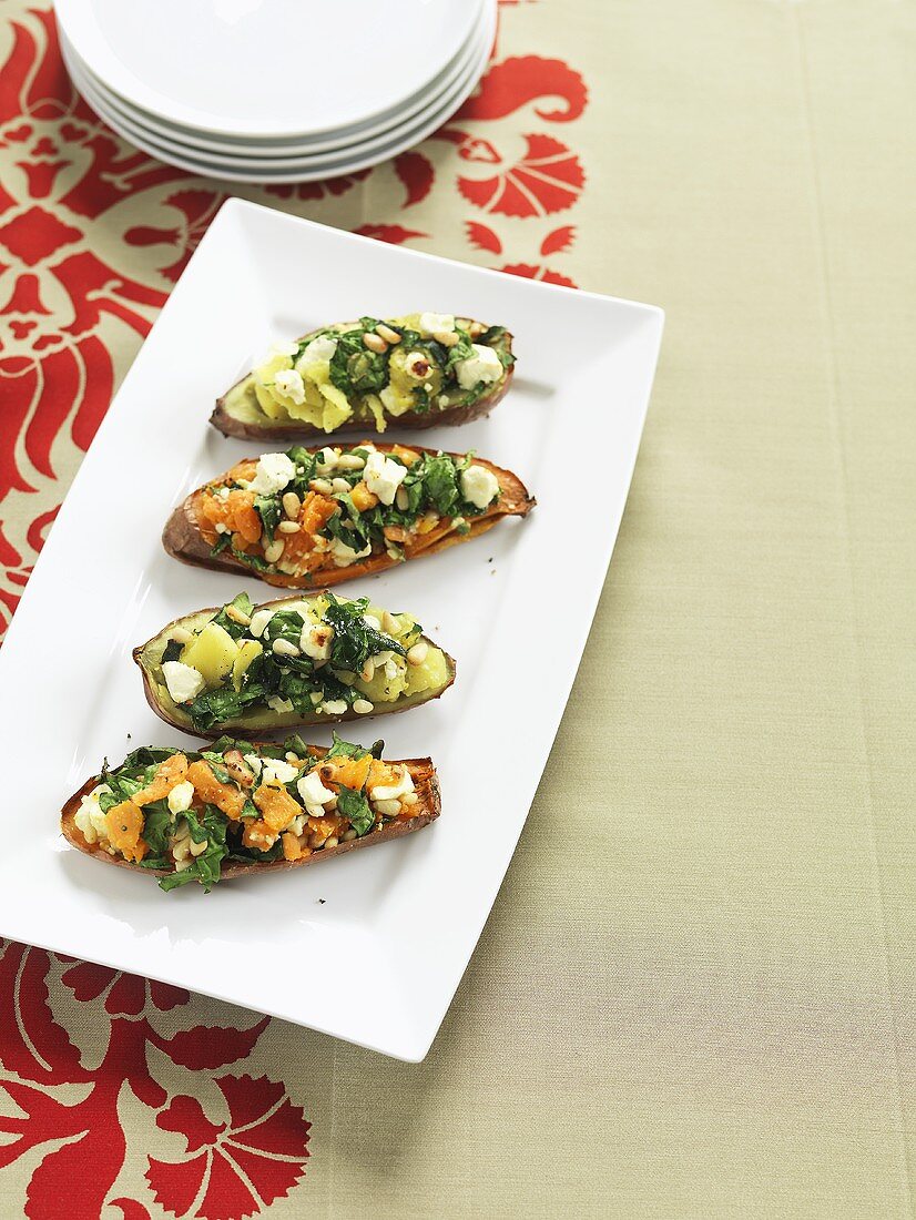 Sweet potatoes stuffed with feta and blue cheese