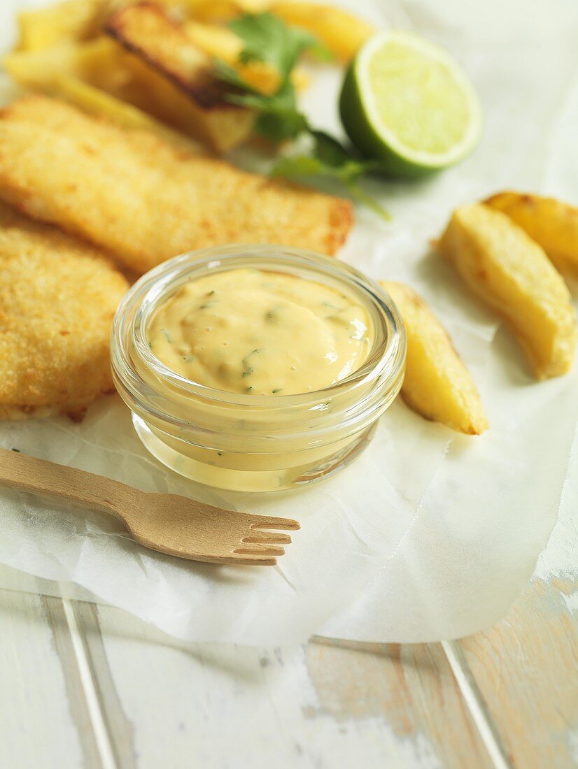 Aioli with coriander and lime and breaded fish fillet