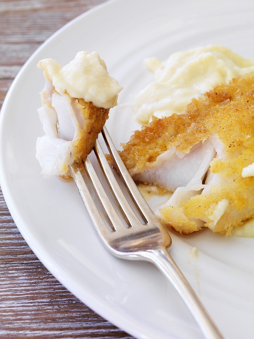 Gebackenes Fischfilet mit Blumenkohlpüree (Ausschnitt)