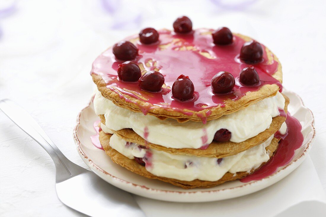 Hollander cake (Layered cake with cherries & whipped cream)