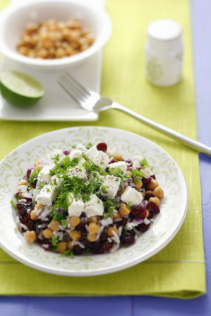 Chick-pea, rice and cranberry salad with feta