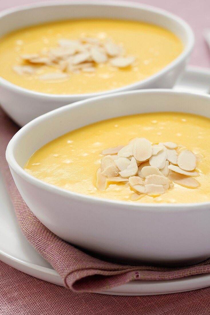 Cream of pumpkin soup with flaked almonds