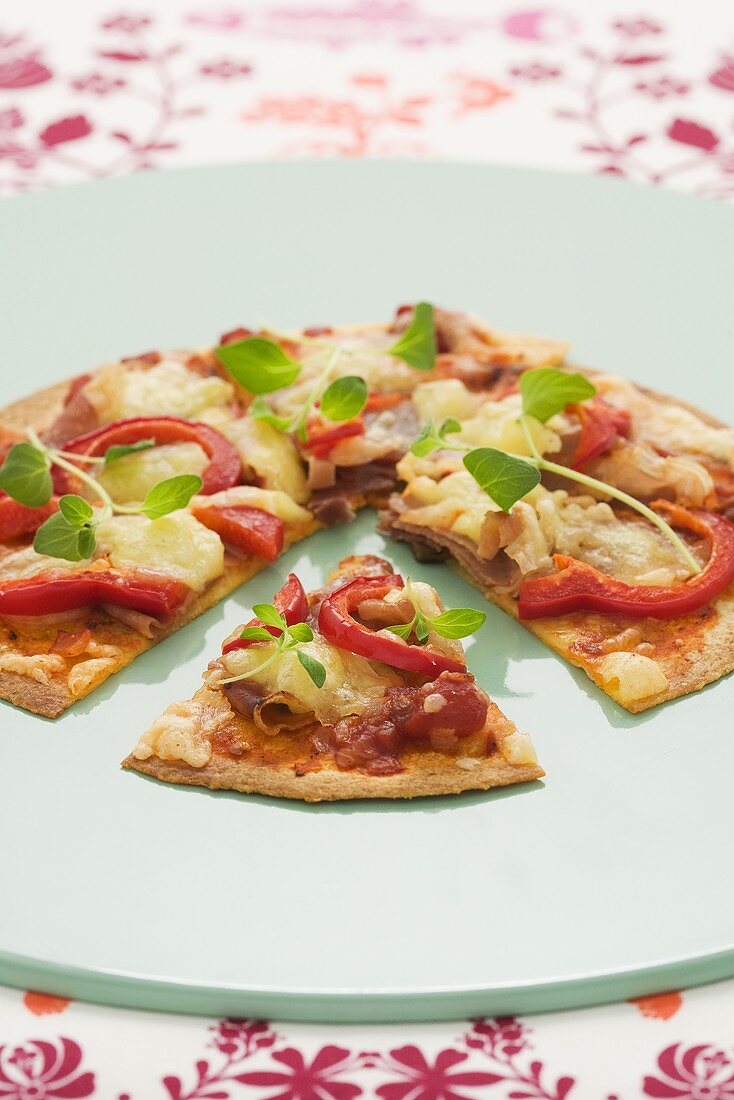 Pizza topped with pineapple, peppers and tomatoes
