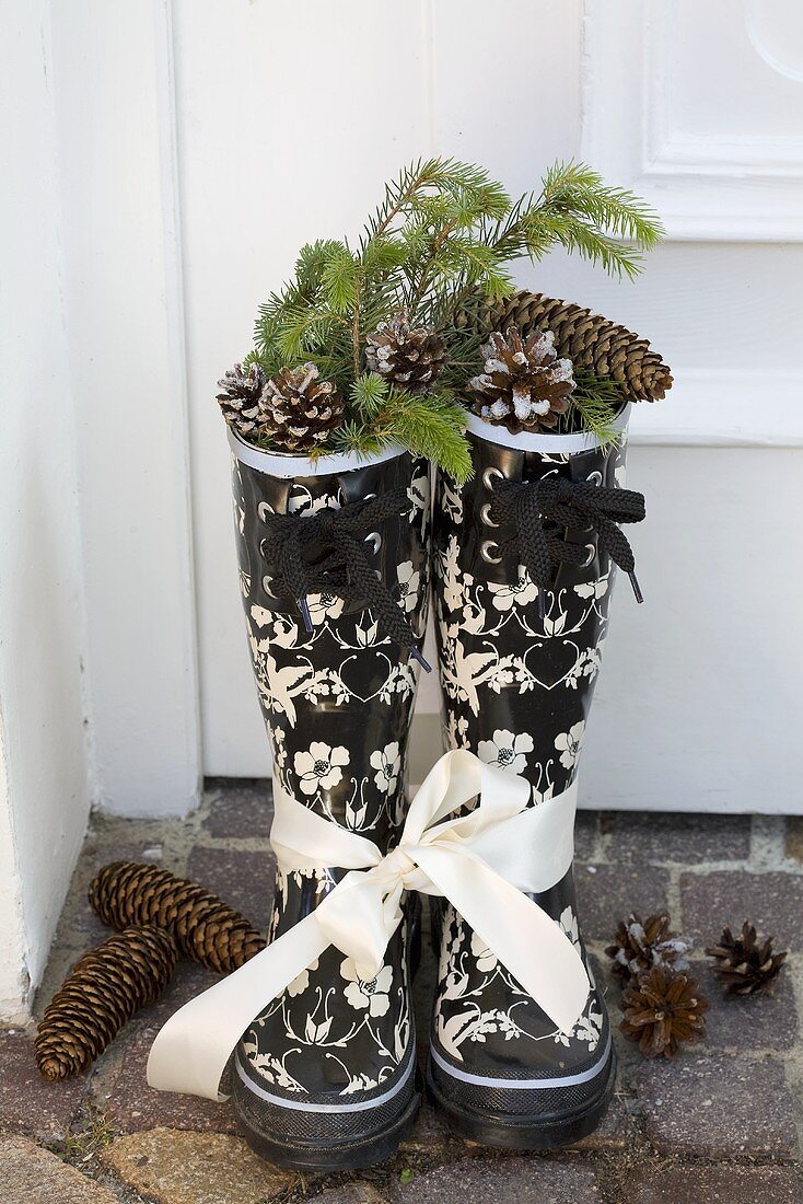 Rubber boots filled with spruce twigs and cones