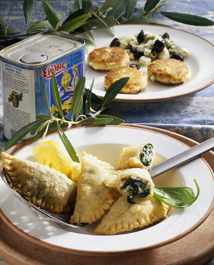 Spinach and feta pasties and potato cakes