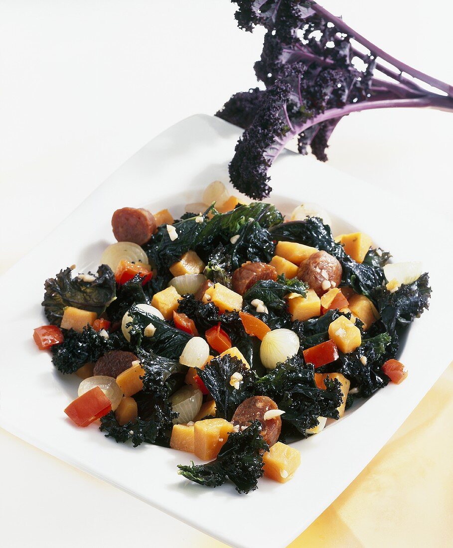 Purple kale with sweet potatoes and sausages