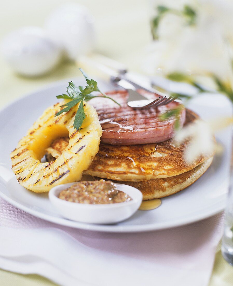 Pancakes with grilled ham, pineapple and mustard