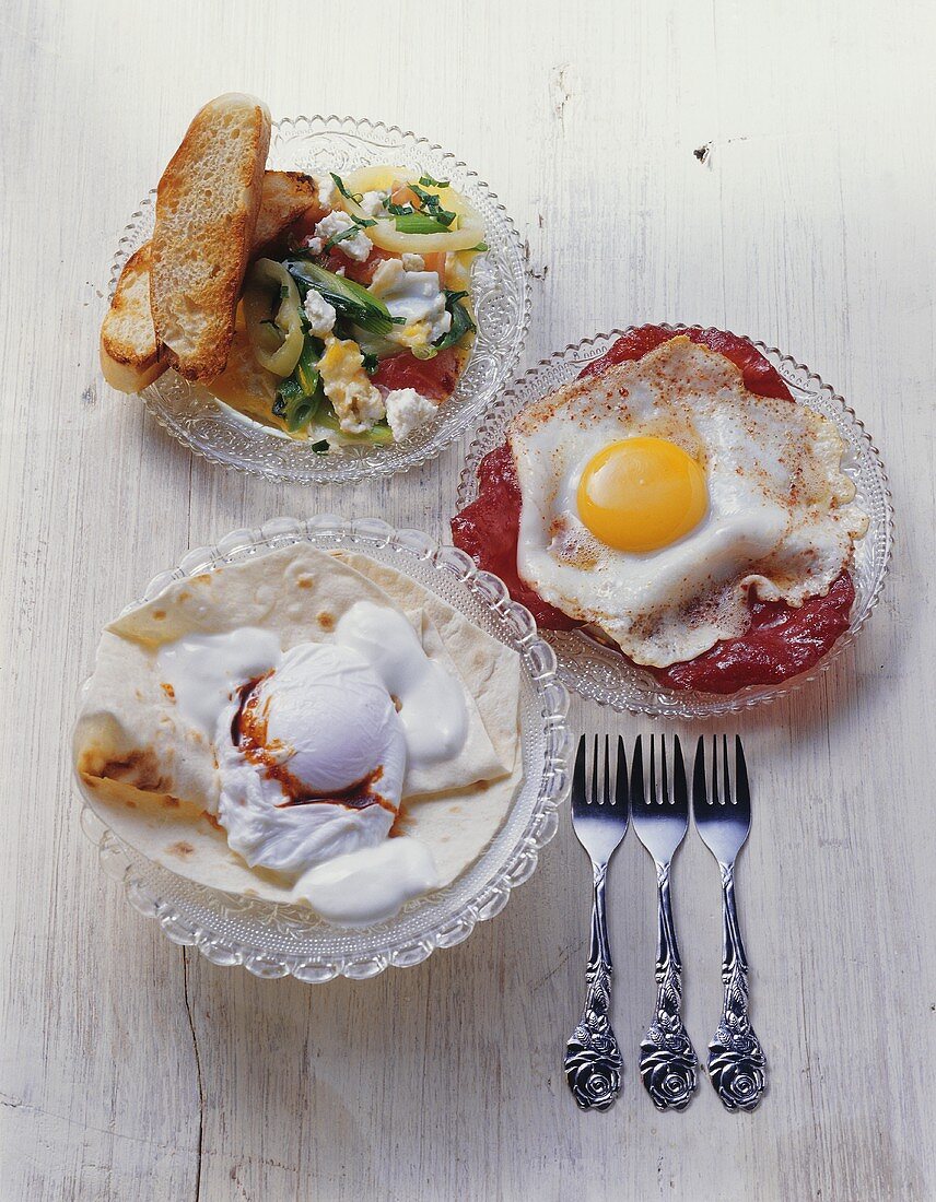Poached egg with yoghurt, vegetables with egg, egg with pastrami (Turkey)