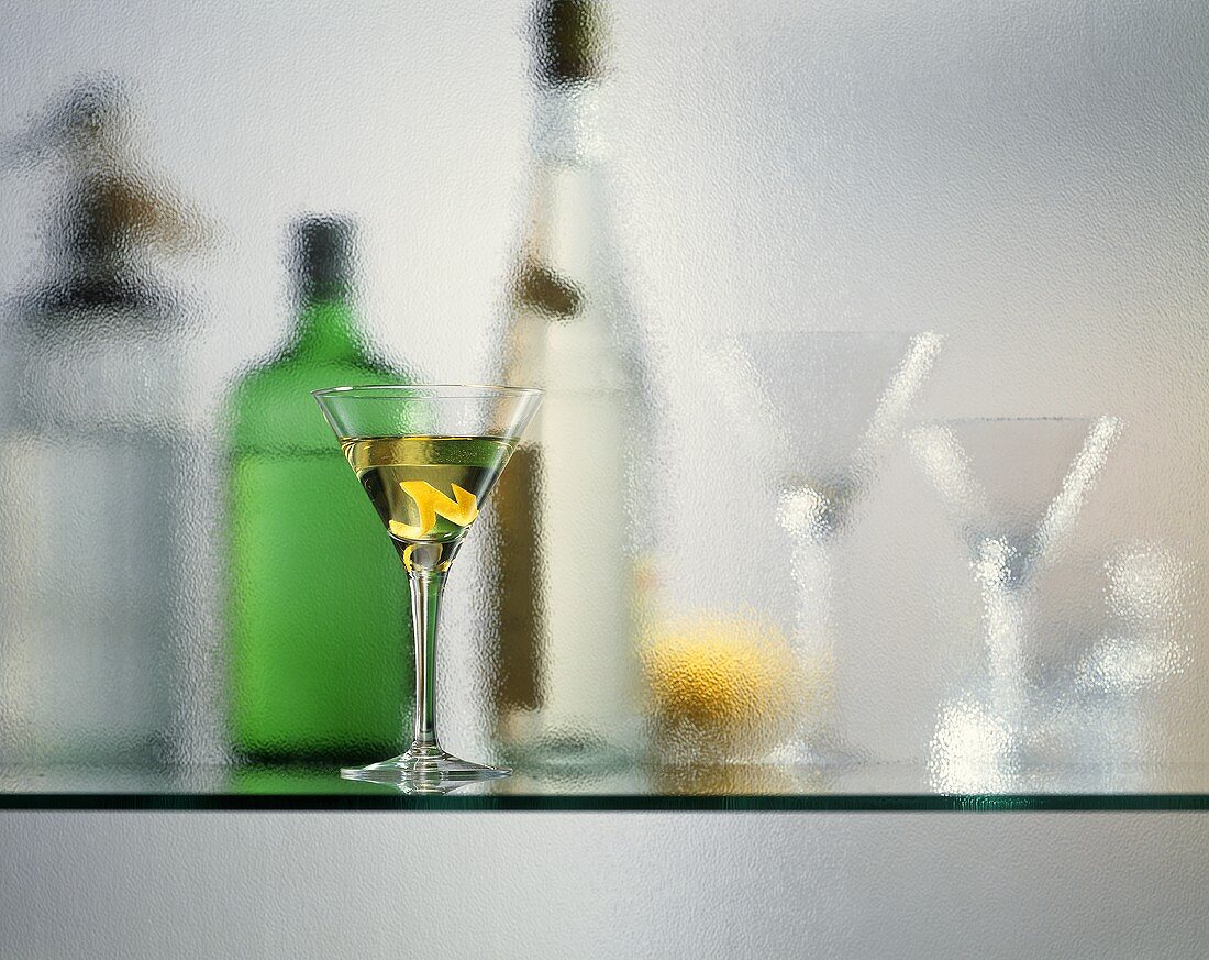 Stillleben aus der Bar: Martini, Sodaflasche, Getränke, Cocktailgläser