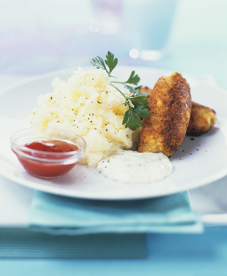 Fish cakes with mashed potato and dips