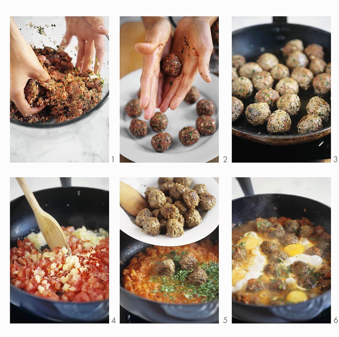Making meatball tagine with tomato sauce and eggs (Morocco)