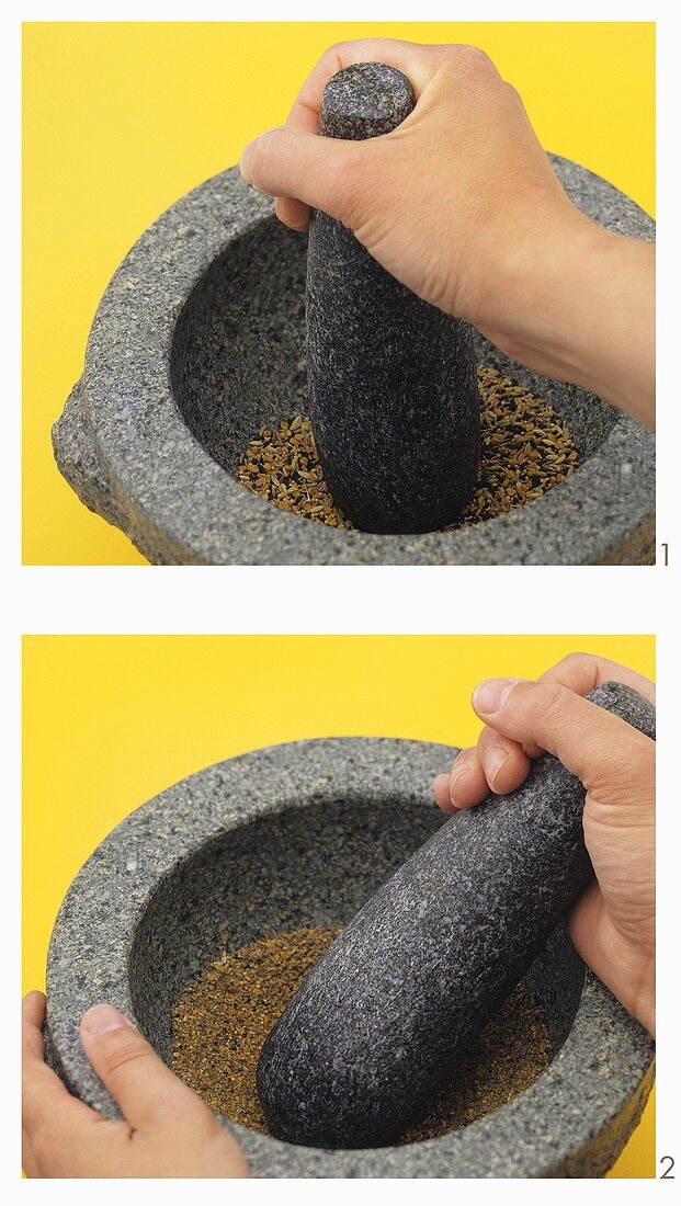 Grinding spices with a mortar and pestle