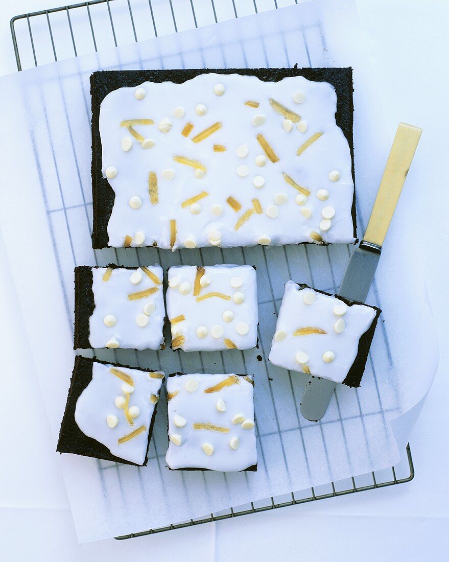 Chocolate and ginger tray bake with lemon and ginger icing
