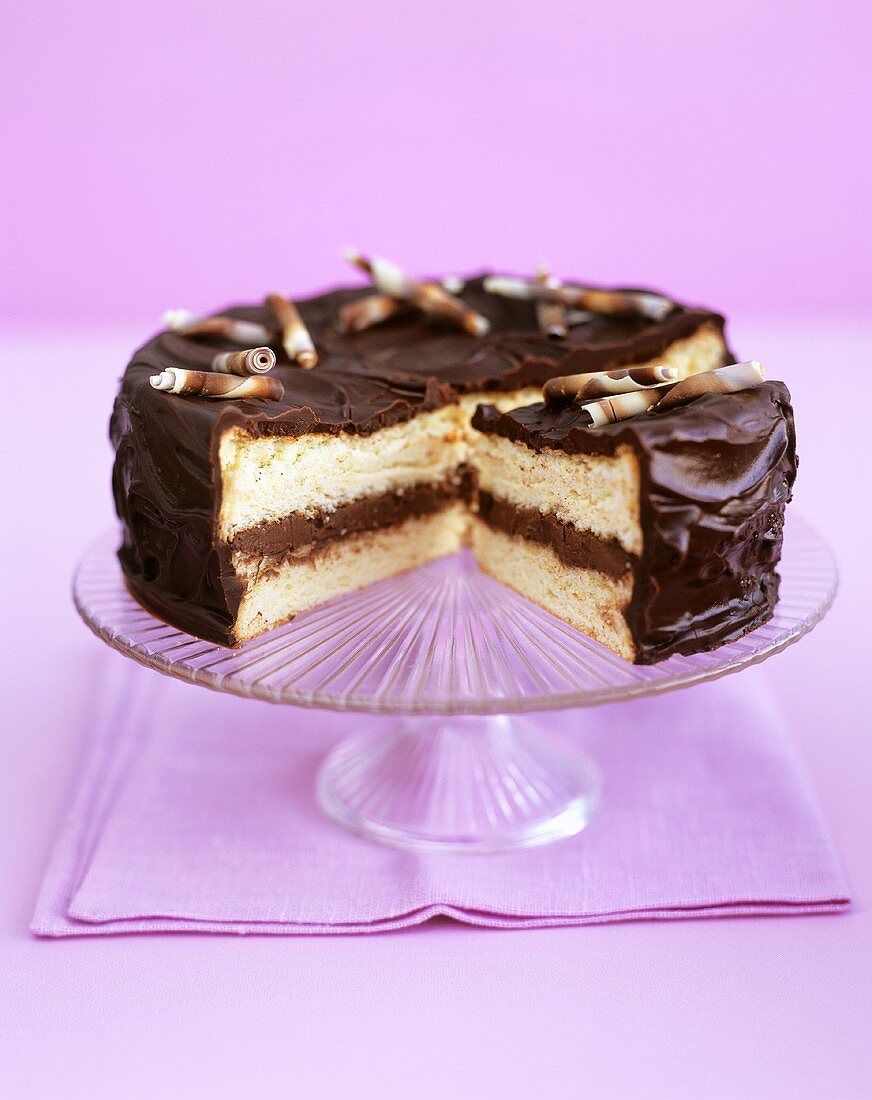 Sponge cake with chocolate cream and mocha icing