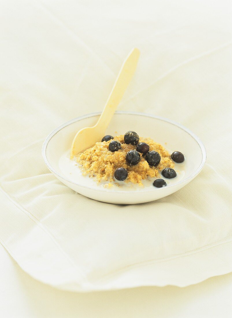 Porridge with vanilla milk and blueberries
