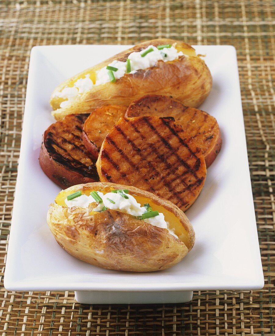 Baked potatoes with quark & chives & grilled sweet potato slices