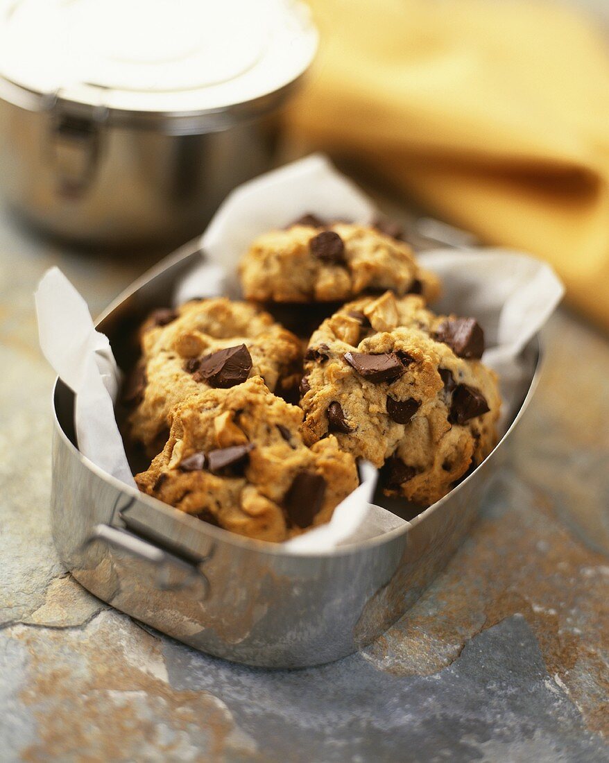 Chocolate chip cookies in metal container