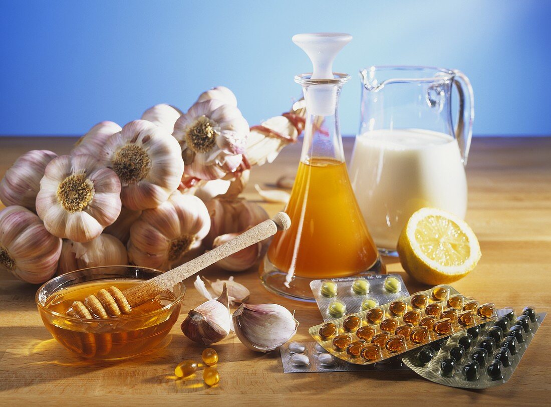 Garlic, honey, milk and garlic capsules