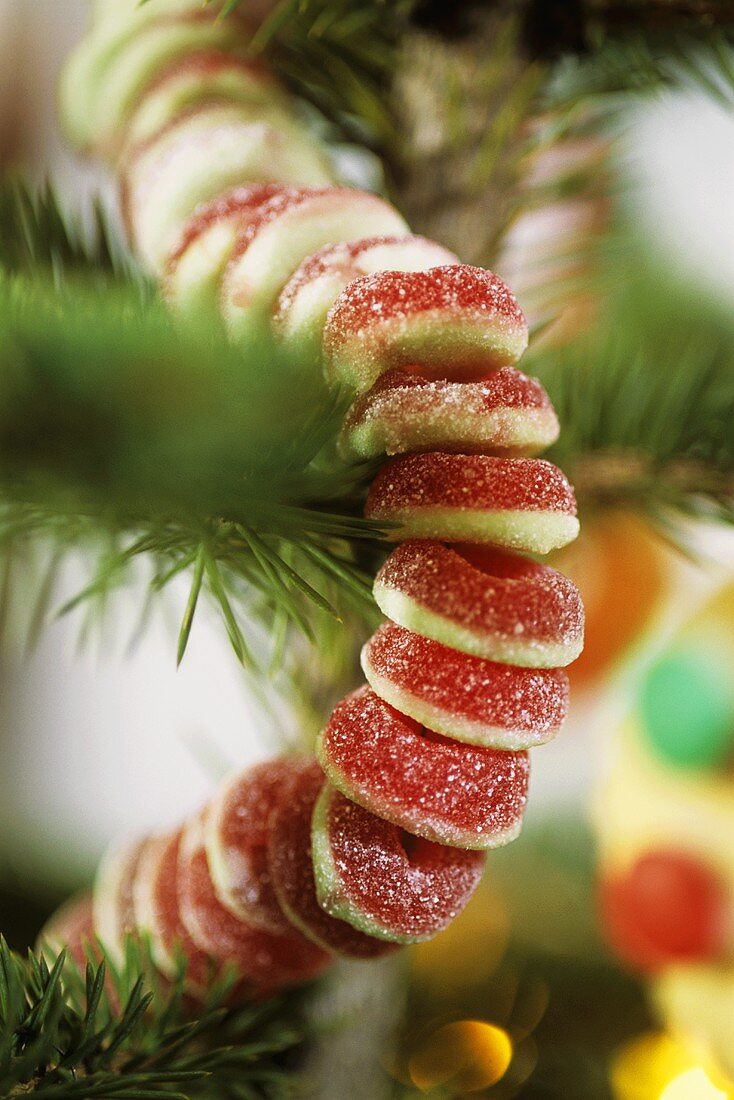 Garland of jelly rings on Christmas tree