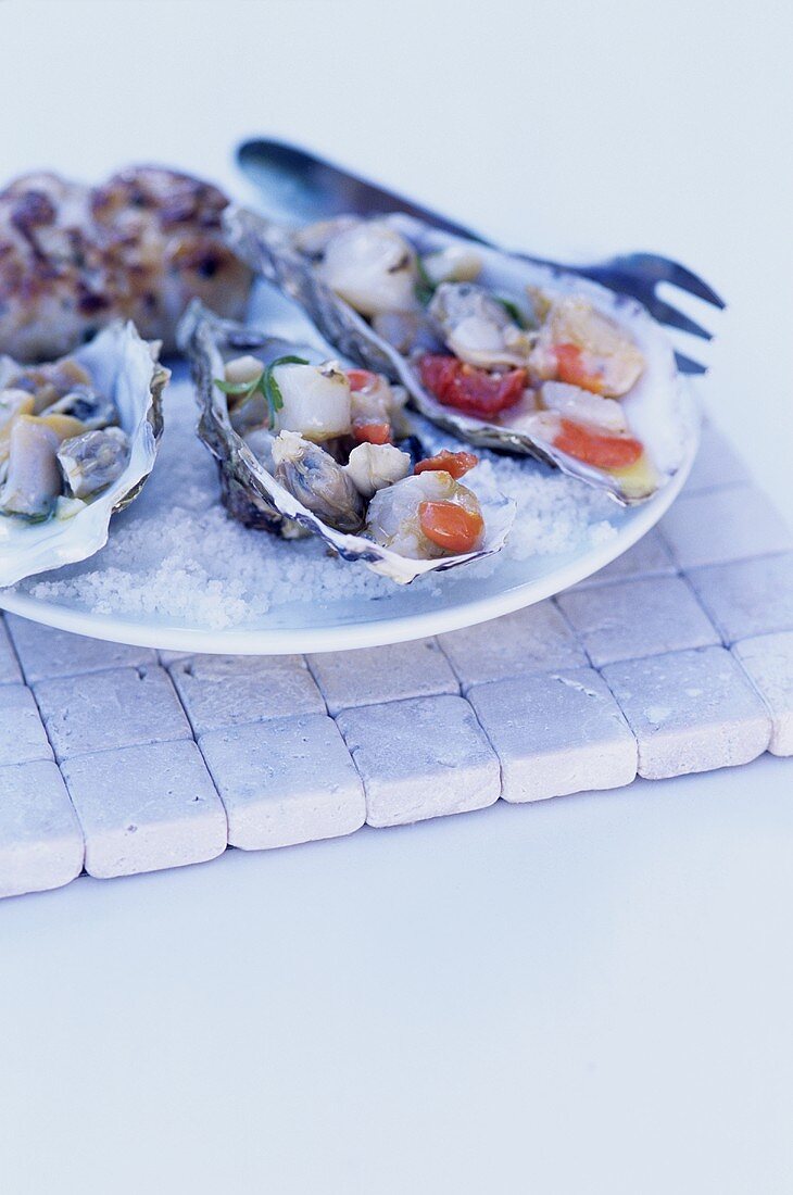 Seafood in oyster shells on sea salt