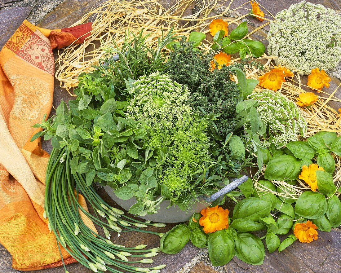 A pot with various herbs