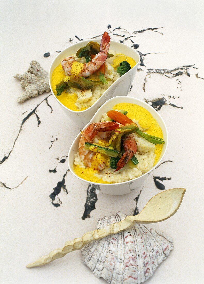 Vegetable risotto with prawns and an artichoke-safran sauce