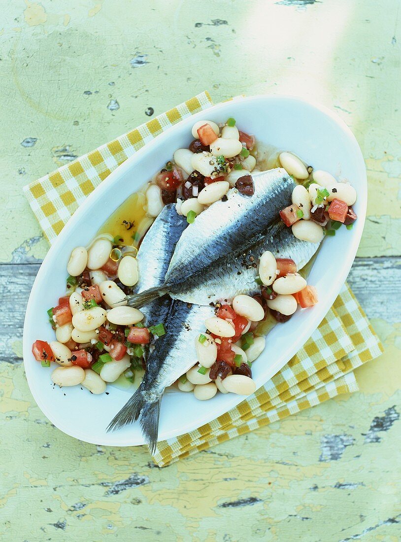 Bean salad with oily sardines