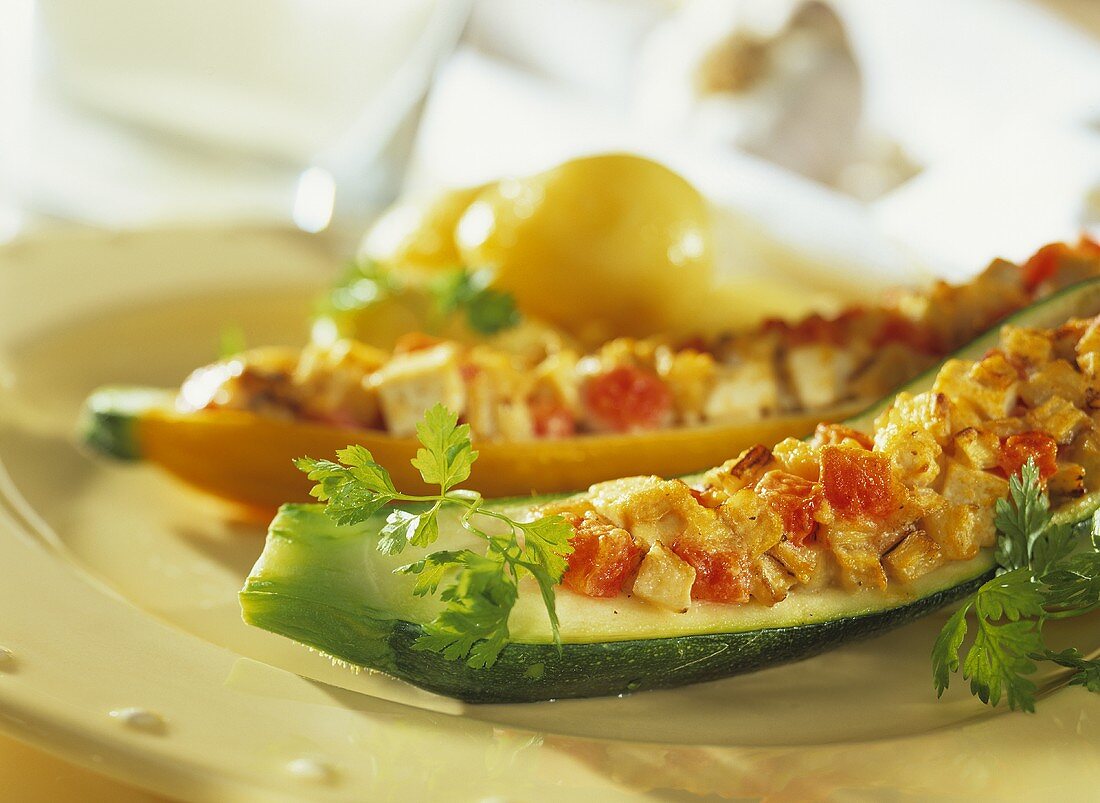 Zucchini mit Gemüseragout gefüllt