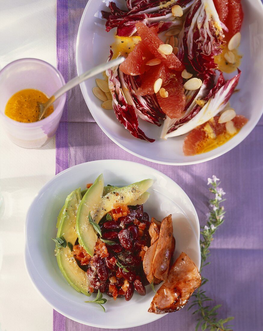 Radicchio and grapefruit salad and avocado salad with kidney beans