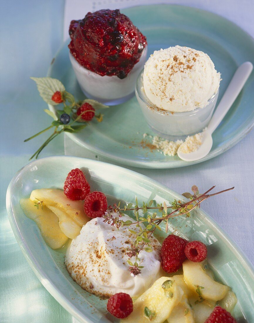Fruits of the forrest ice cream with coconut cream cheese and apples and raspberries with quark clouds