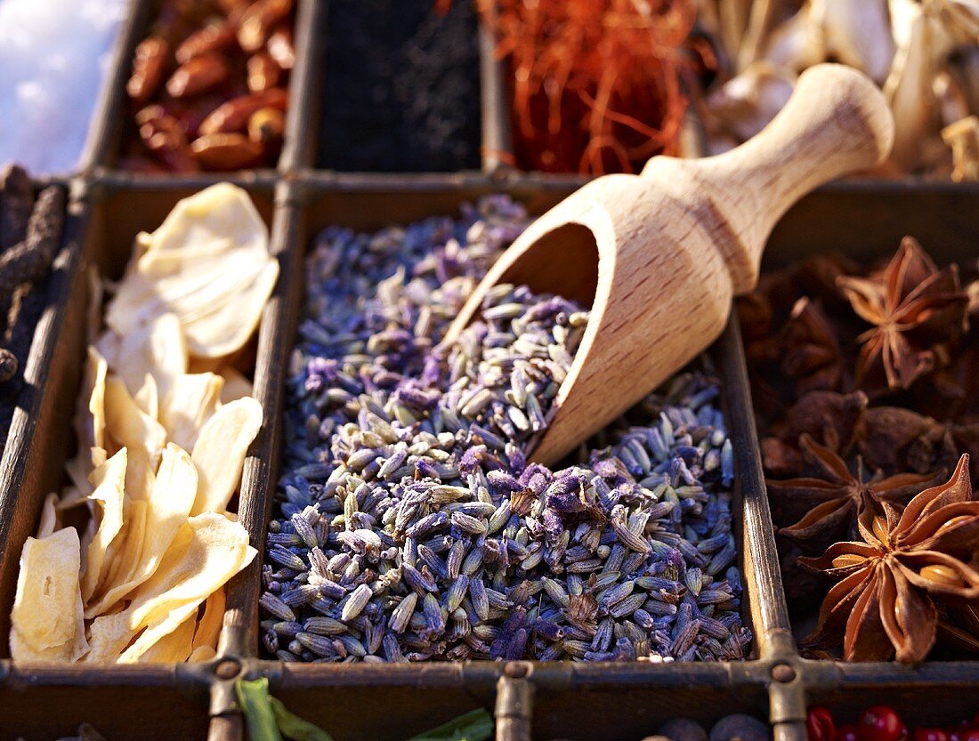 Dried lavender flowers with various spices in a seedling tray