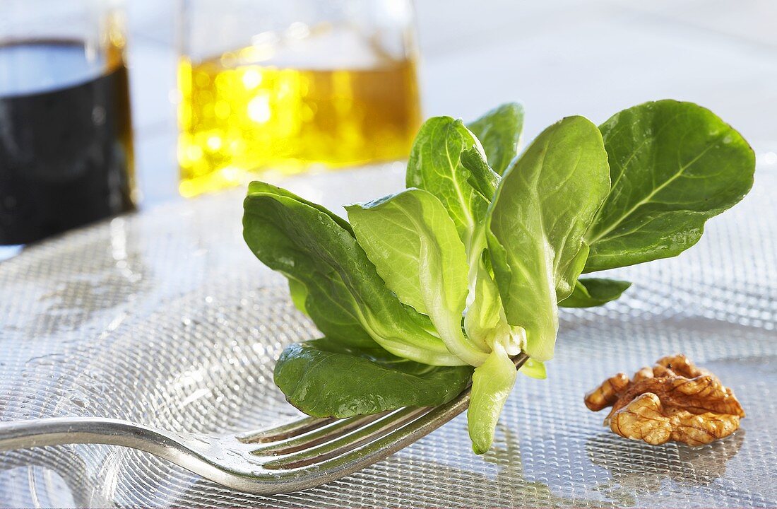 Lamb's lettuce with a walnut on a glass plate