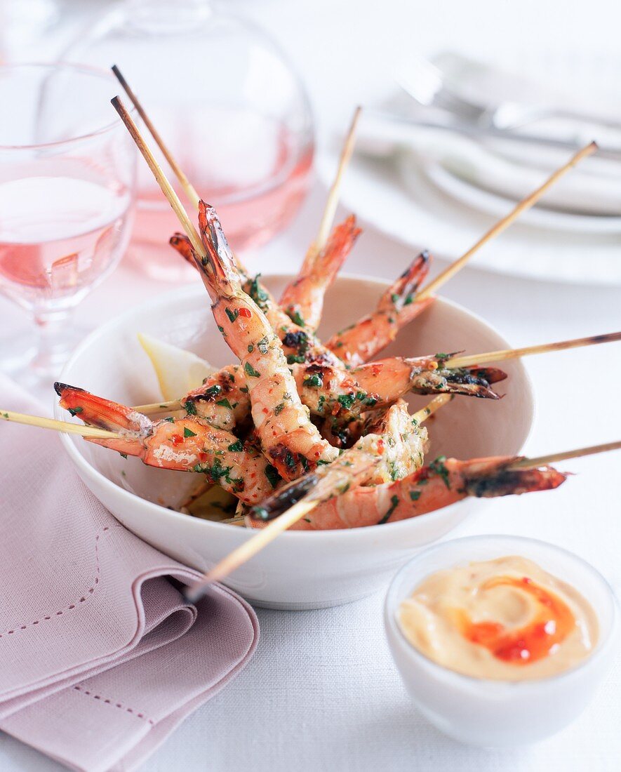 Grilled prawn kebabs with chilli aioli