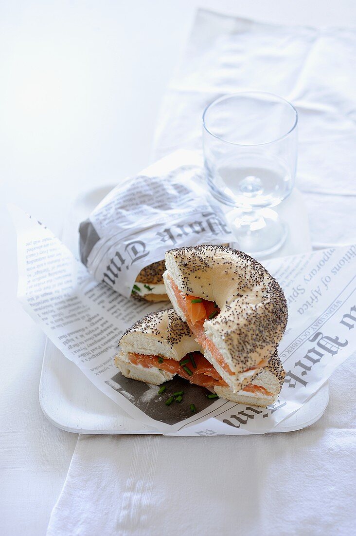Poppy seed bagels with cream cheese and salmon